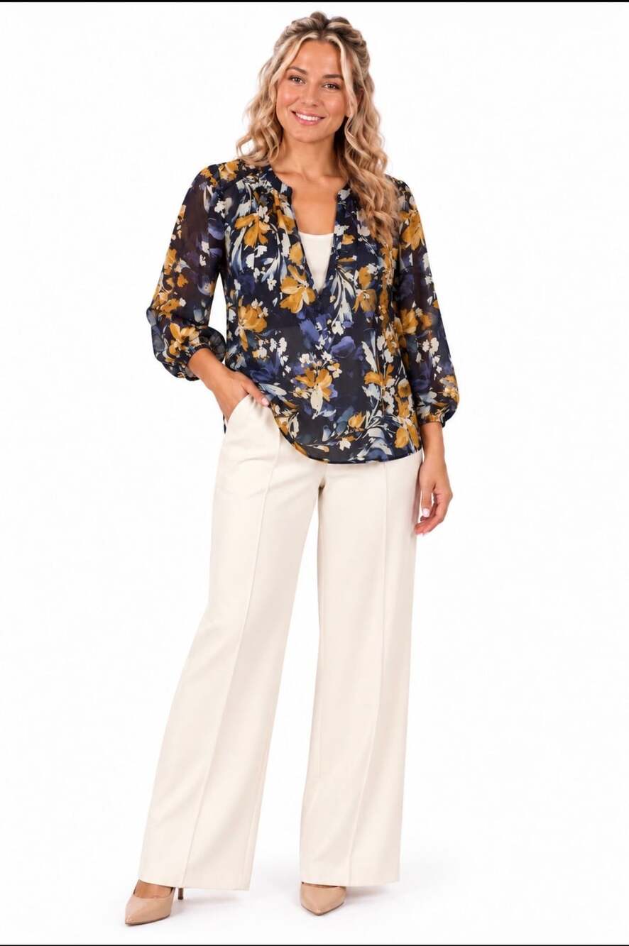 Chico's Women's Blue Floral V-Neck Sheer Blouse with Ecru Tank Top Size 2